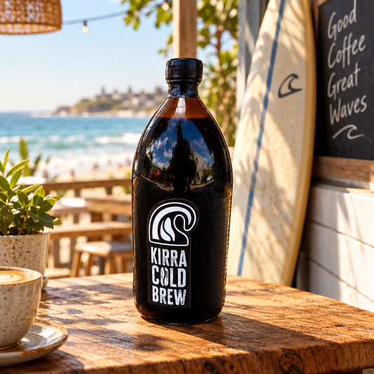 Kirra Cold Brew Coffee 1 Litre Bottle standing on a timber board at a beachside cafe, with a surfboard and chalkboard in the background